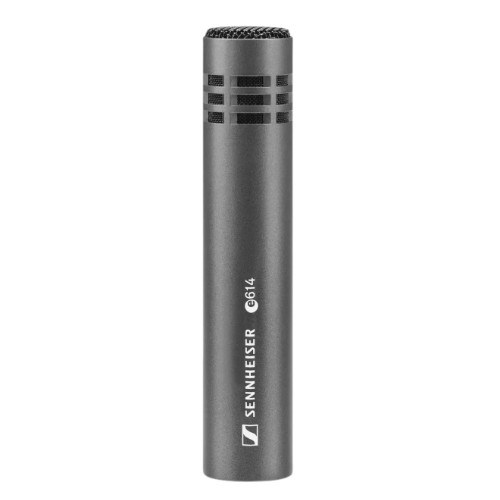 Sennheiser C614 microphone, gray cylinder with horizontal vents near the top and logo down the side.