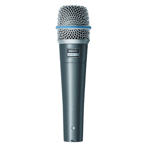 Shure Beta 58A handheld microphone in a neutral gray color, with a wire mesh head.