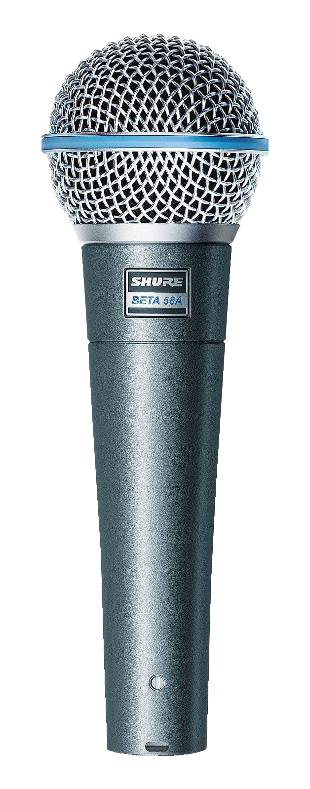 Shure Beta 58A microphone with a silver mesh head and blue ring.