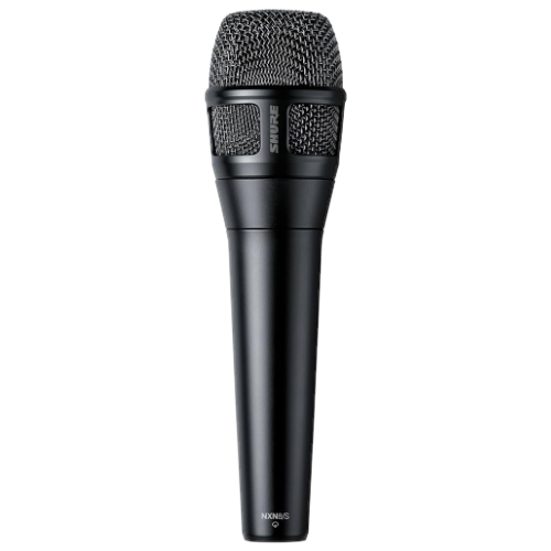 Black handheld Shure microphone.