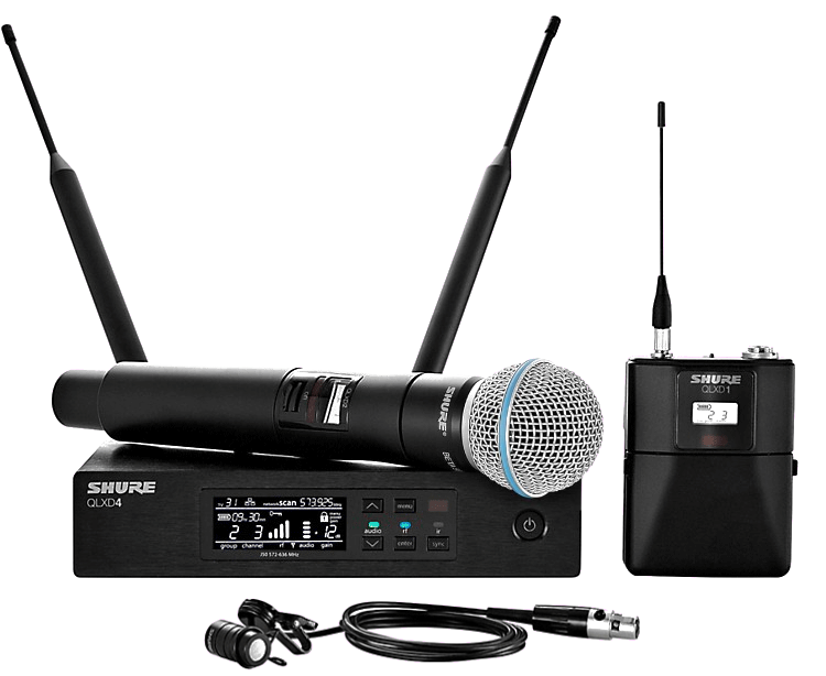 Wireless microphone system with handheld mic, receiver, and bodypack transmitter. Black, metallic, outdoors.