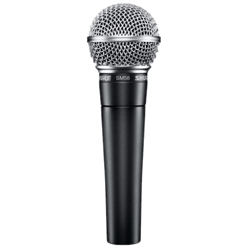Black Shure SM58 microphone with a silver metal mesh head.