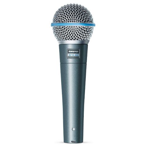Blue Shure Beta 87A microphone, with a silver wire mesh head and blue band.