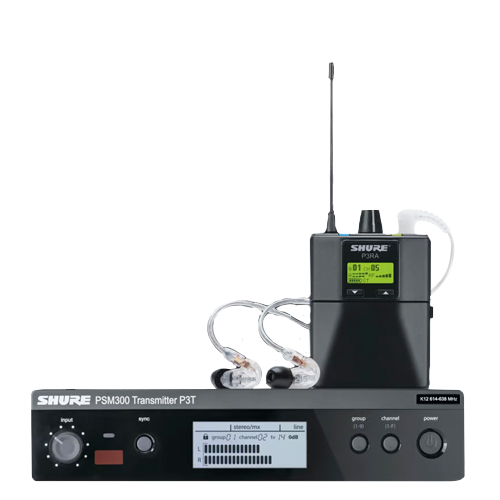 Shure PSM300 in-ear monitor system: transmitter, receiver, earbuds, antenna, black.