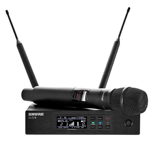 Black Shure QLXD4 wireless microphone system; receiver, handheld mic, antennas.