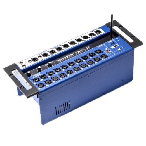 Blue Soundcraft Ui24R digital mixer with multiple XLR inputs and outputs, mounted in a rack.
