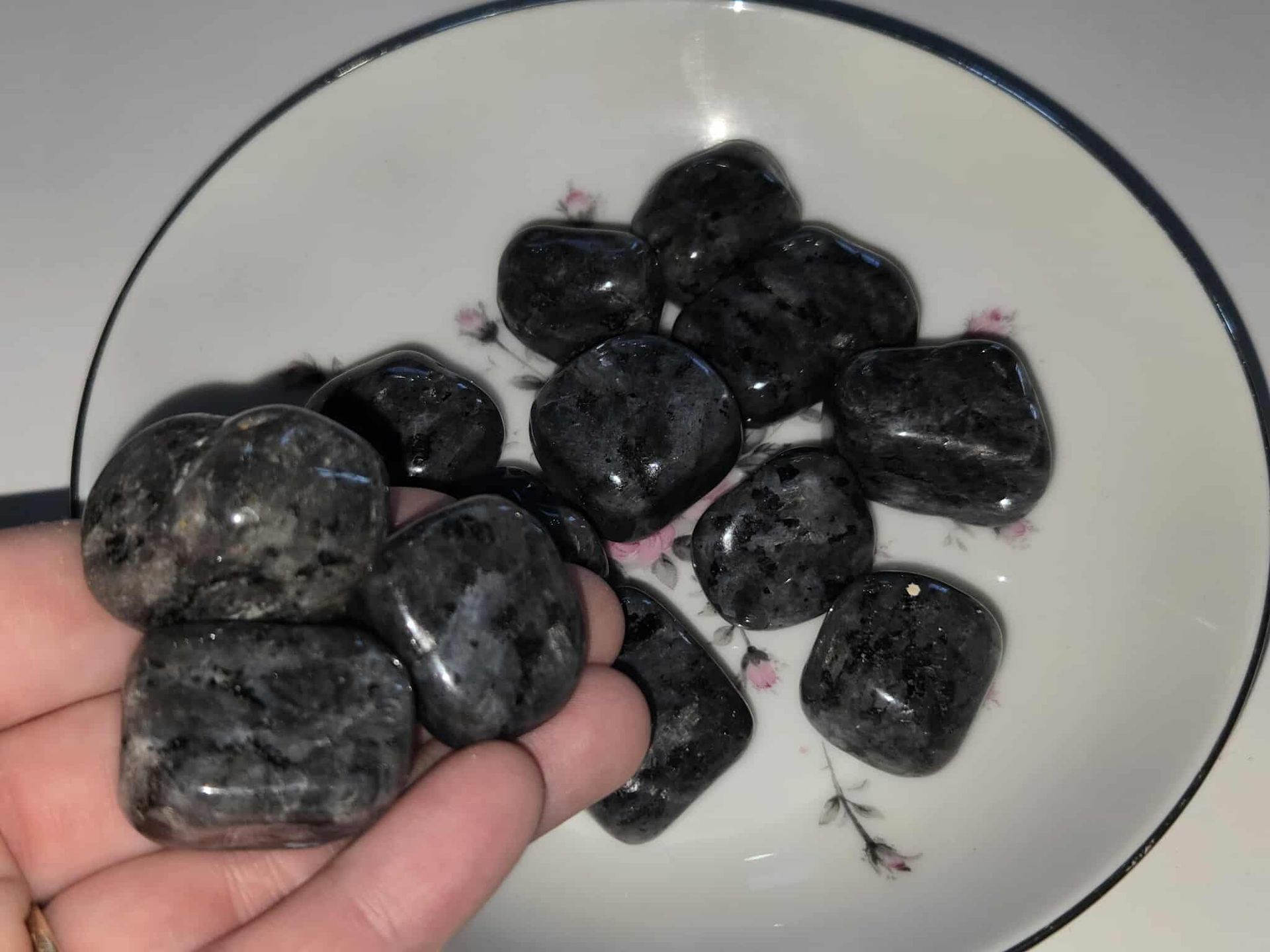 Dark, polished stones in a white bowl with a blue rim and floral design.