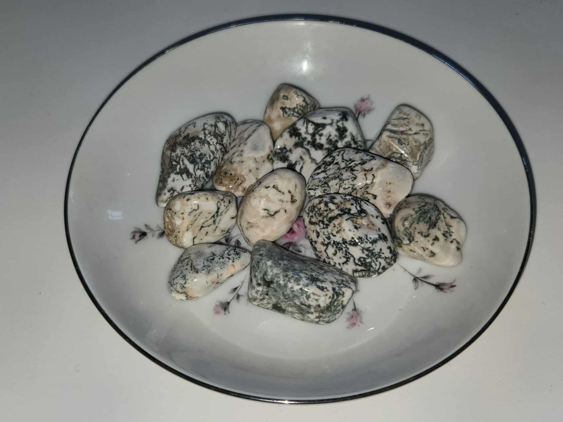 White bowl filled with gray and white speckled stones.