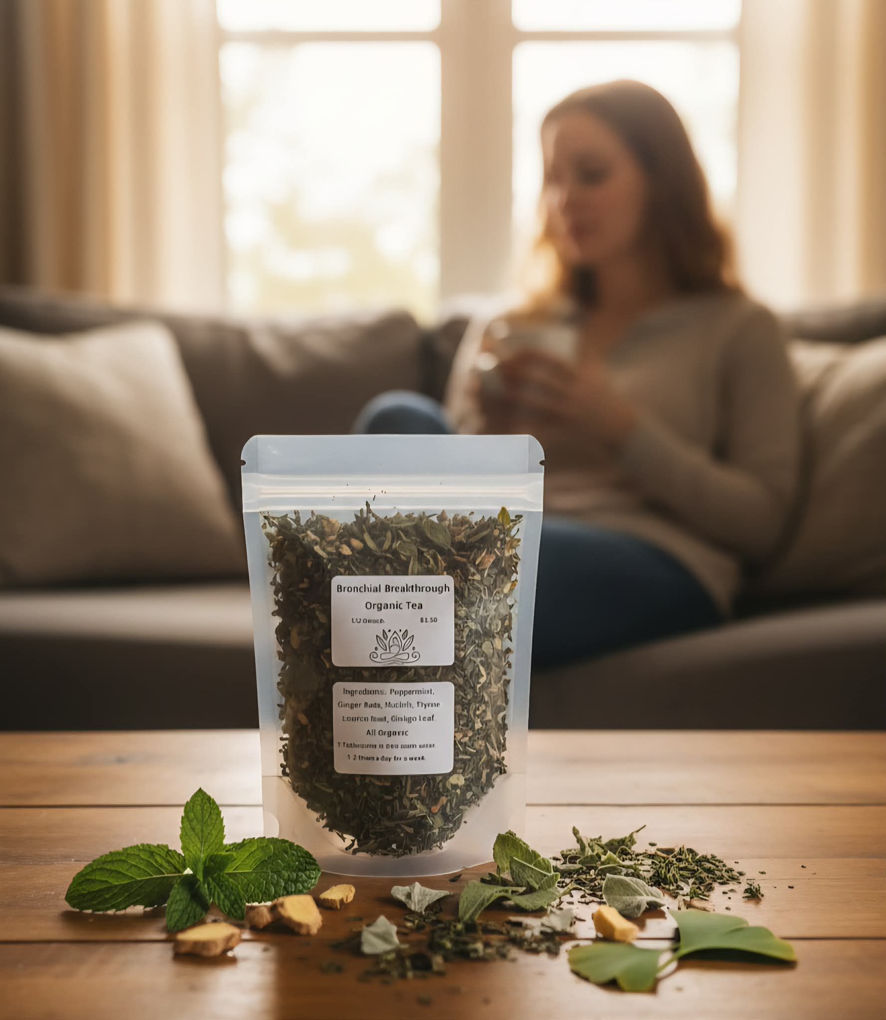 Bag of tea with ingredients on table, woman sipping tea in the background.