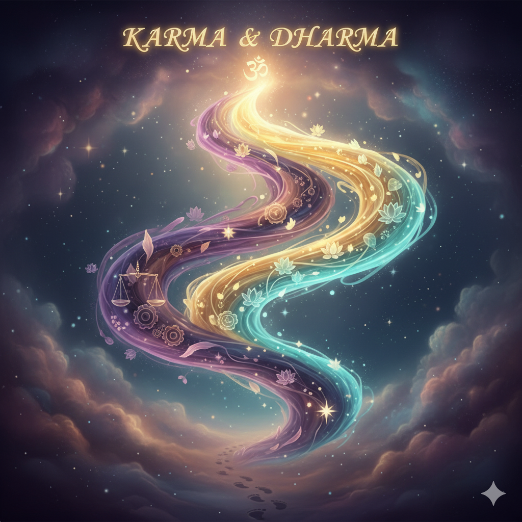 An image depicting two intertwined, flowing ribbons or paths, one representing Karma and the other Dharma. The
