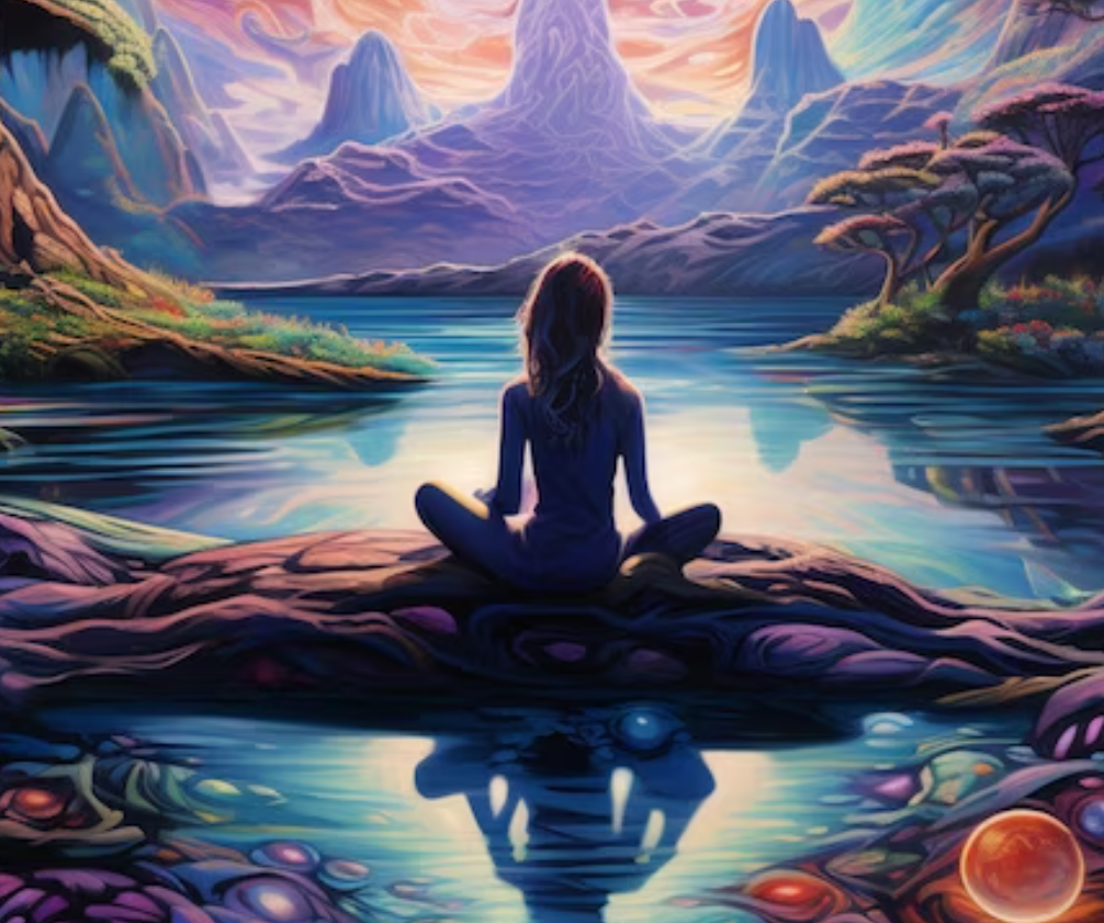 A painting of a woman meditating in front of a lake