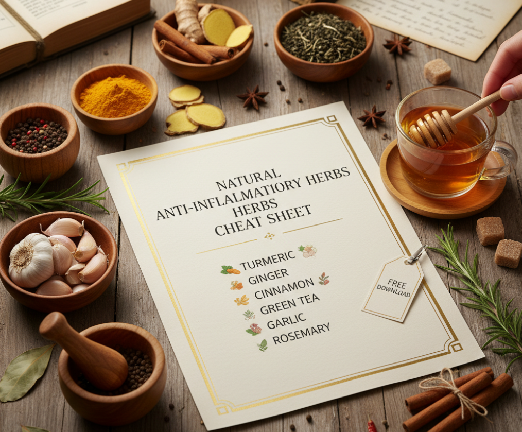 Wooden table with natural anti-inflammatory herbs and ingredients, including a cheat sheet, honey, and a hand stirring tea.