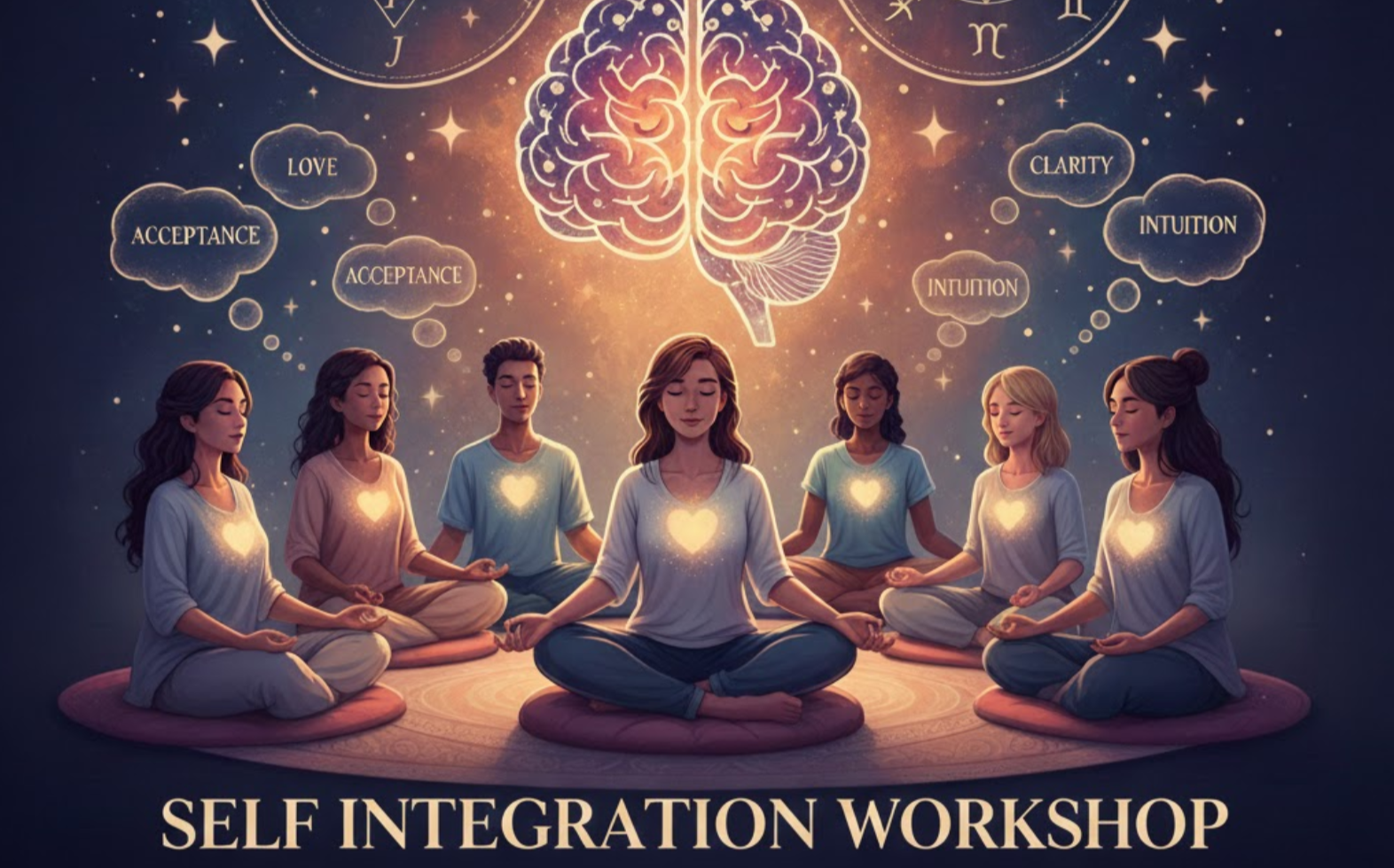 Group meditating in a circle, with glowing hearts, a brain, and text: