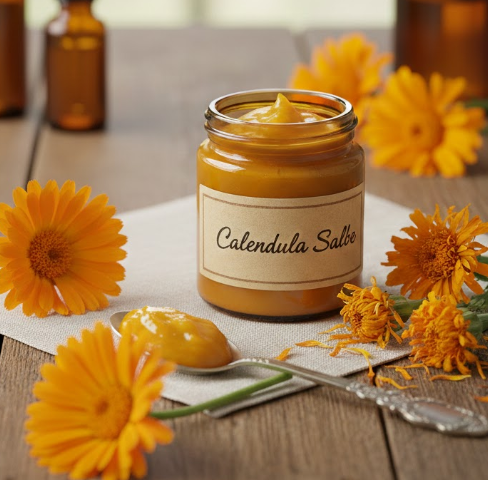 A jar of golden-orange homemade Calendula Salve on a wooden table, surrounded by fresh marigold blos
