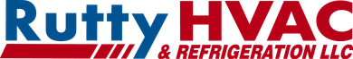Rutty HVAC & Refrigeration LLC logo in blue and red text with stylized red stripes