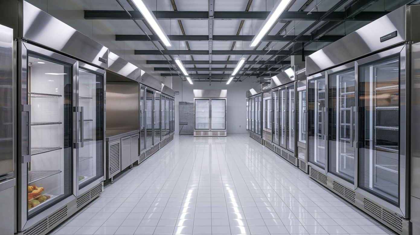 Bright, empty supermarket aisle with glass-door refrigerated cases on both sides