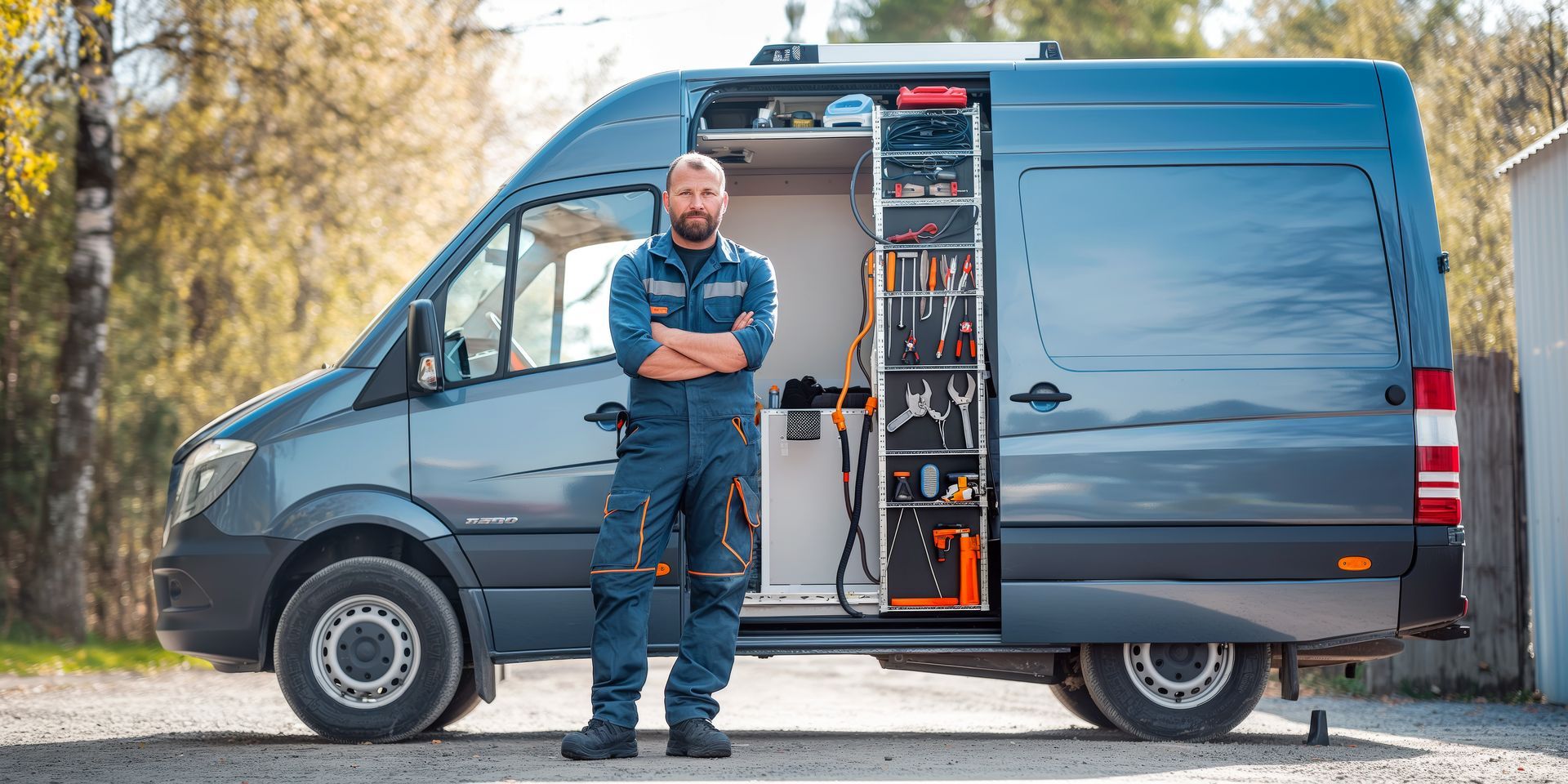 Technician in blue coveralls stands beside a blue service van with open side panel and equipment visible inside