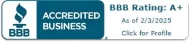BBB Accredited Business badge with A+ rating and profile link on white background