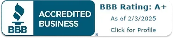 BBB Accredited Business badge with A+ rating and profile link on white background