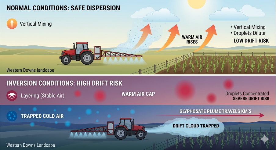 Surface Inversion explaining what safe chemical dispersion looks like compared to high drift risk inversion conditions.