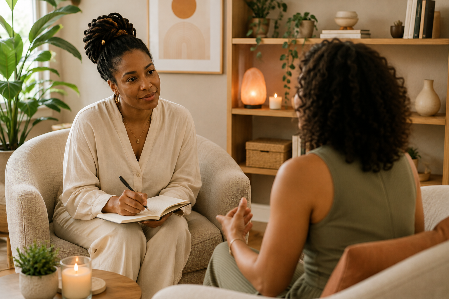 Two people talking in a cozy living room during a counseling session