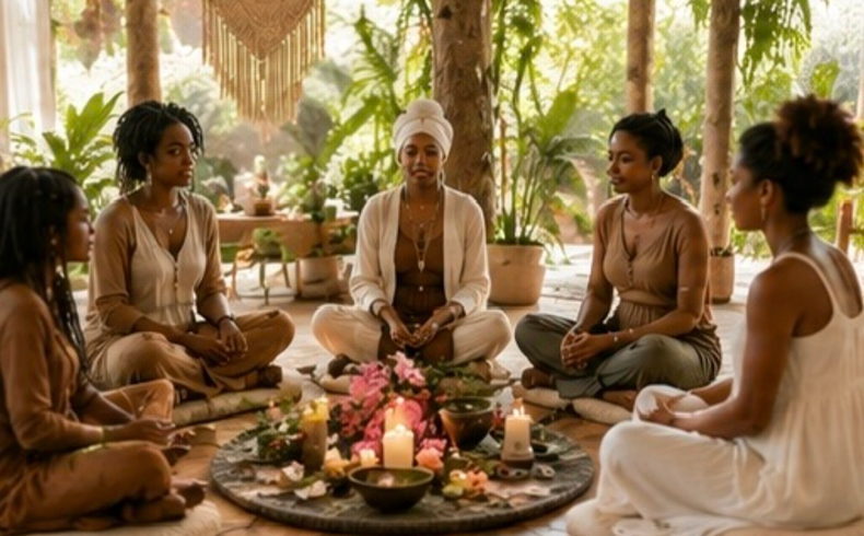 A group of women are sitting on a couch talking to each other.