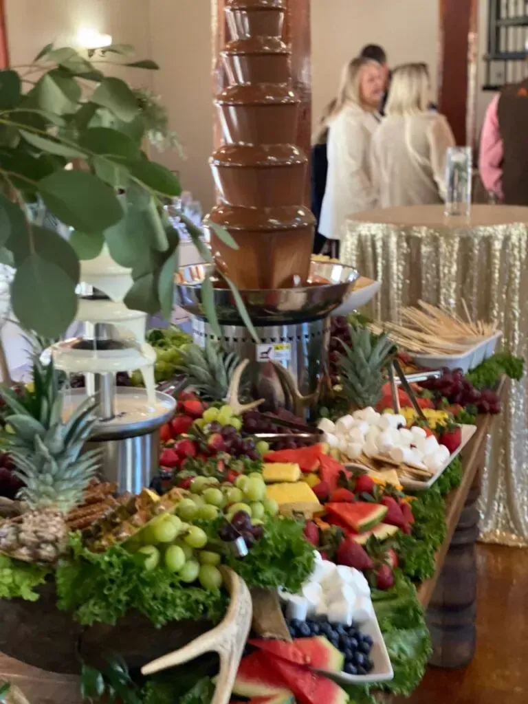 Chocolate fountain with fruit, marshmallows, and dessert tray at a buffet table