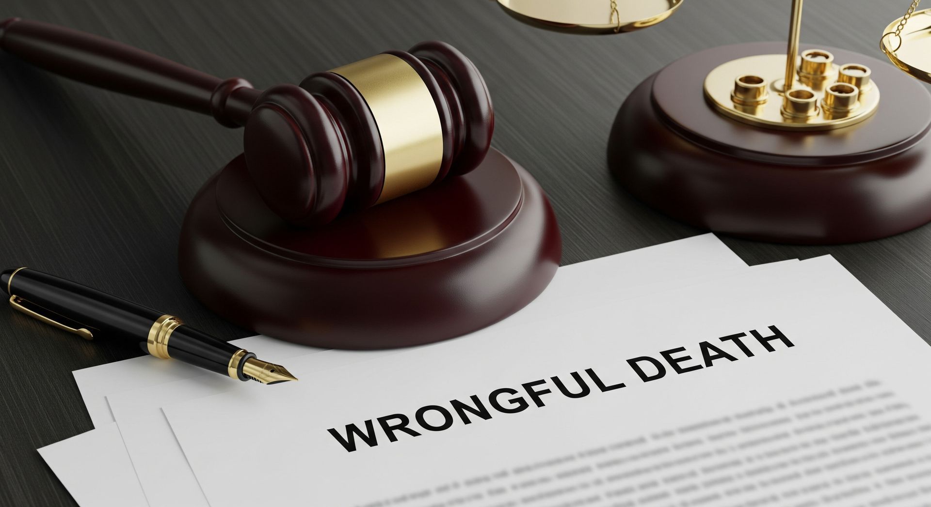 A gavel rests next to a document labeled “wrongful death”. A gavel rests next to a document labeled “wrongful death”.