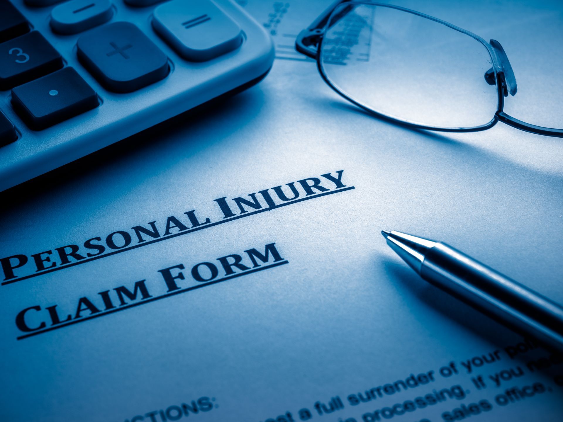 Personal injury claim form with glasses, calculator, and pen on desk Personal injury claim form with glasses, calculator, and pen on desk
