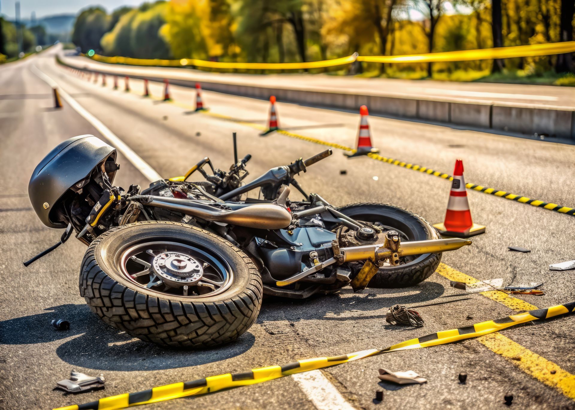 Damaged motorcycle lies on asphalt, debris scattered around, yellow caution tape surrounds the scene. Damaged motorcycle lies on asphalt, debris scattered around, yellow caution tape surrounds the scene.