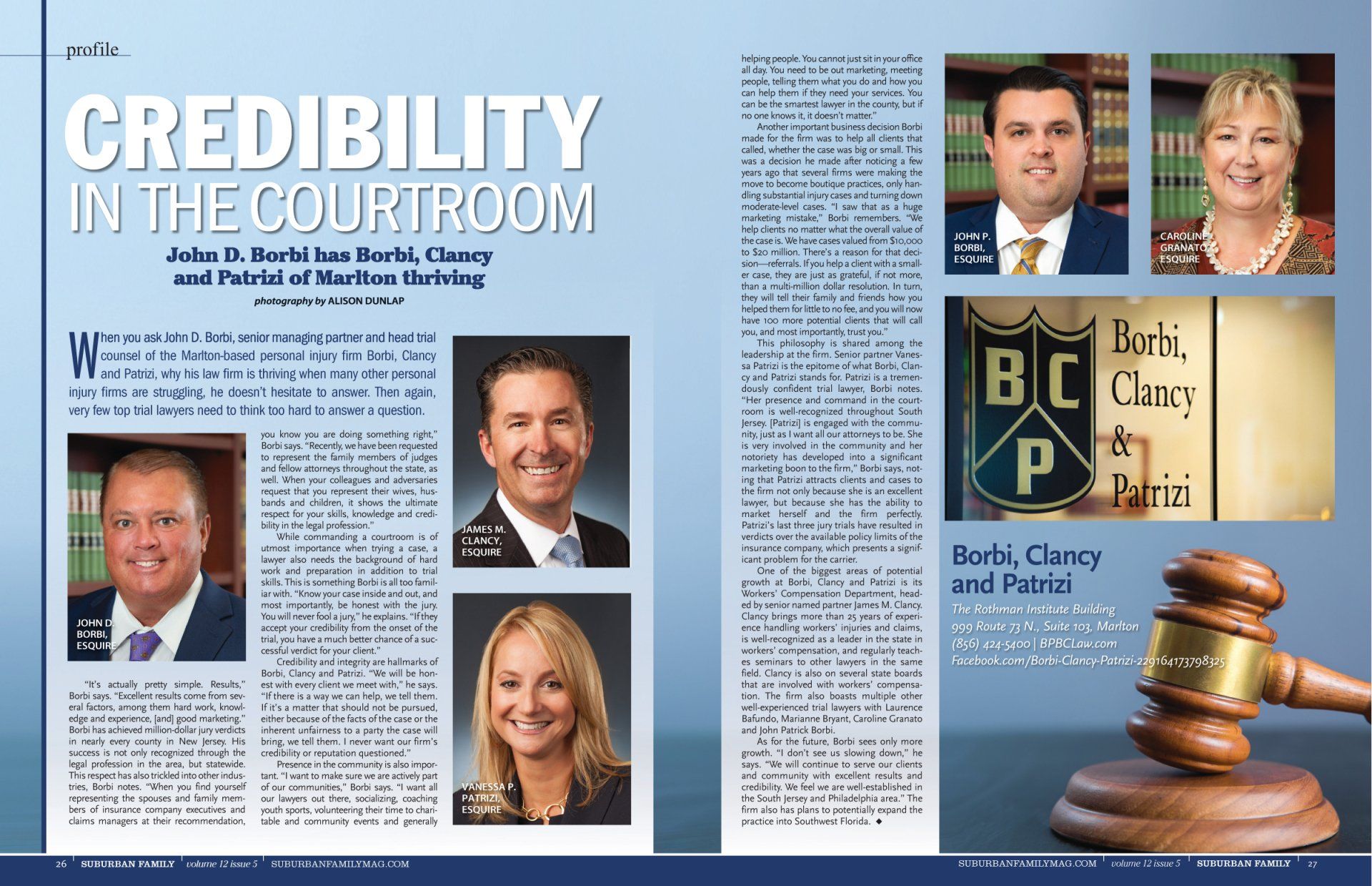 Legal article layout with portraits, law firm logo, and gavel. Text focuses on courtroom credibility.