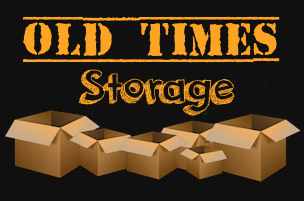 Old Times Storage logo with orange text above open cardboard boxes on a black background