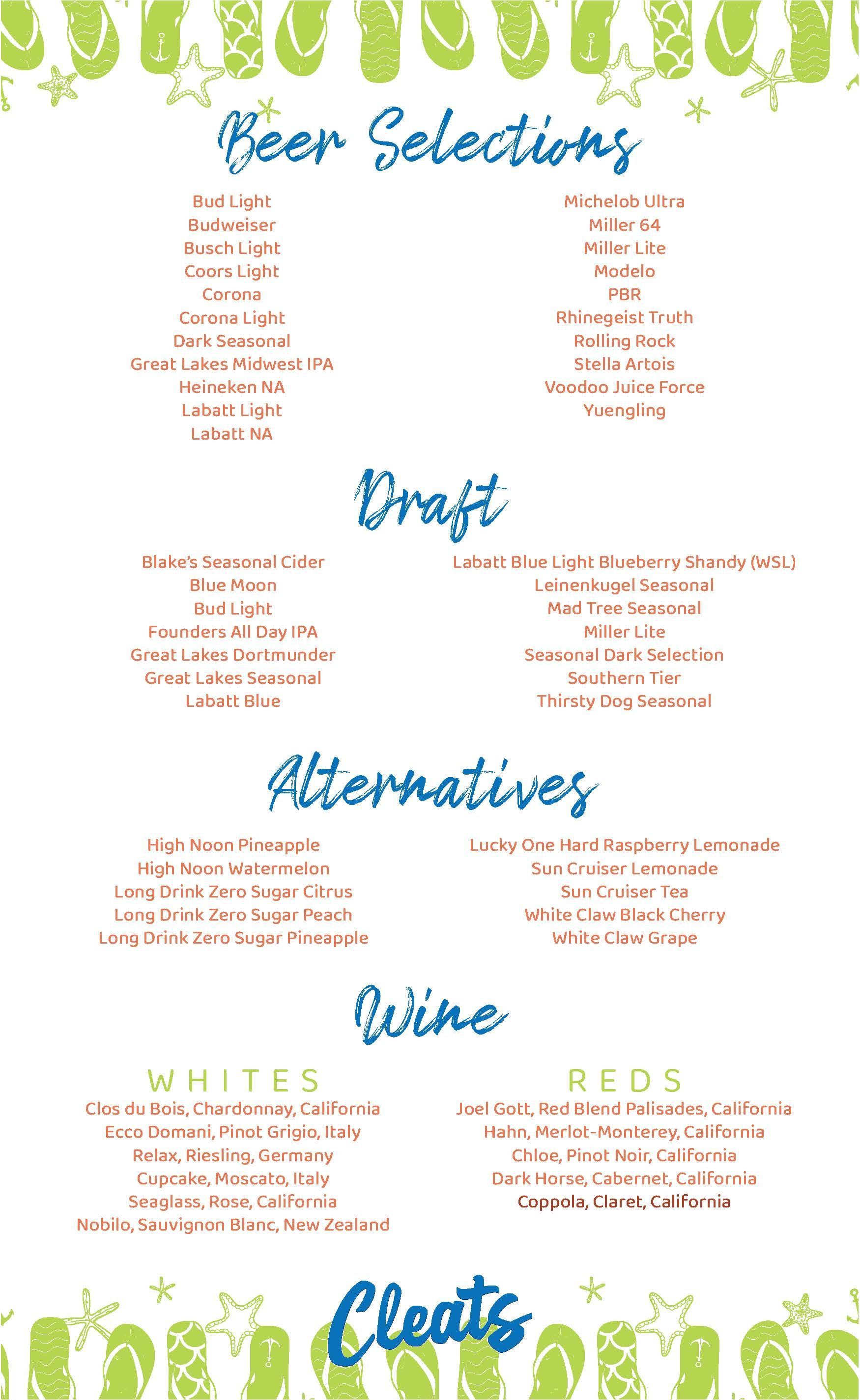 Blue drink menu with white text listing various whiskeys, bourbons, and other cocktails.