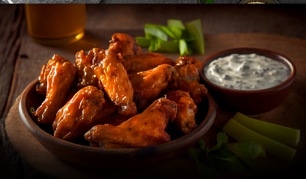 Bowl of glazed chicken wings with ranch, celery, and beer.