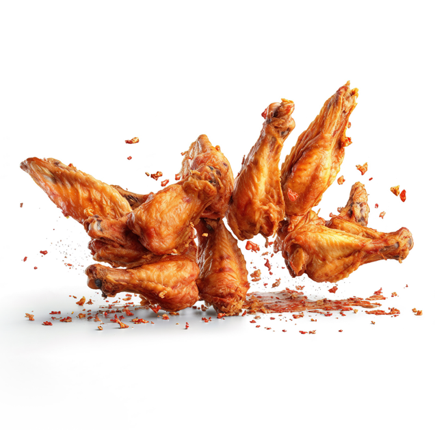 Golden fried chicken wings floating in mid-air, with scattered spice flakes.