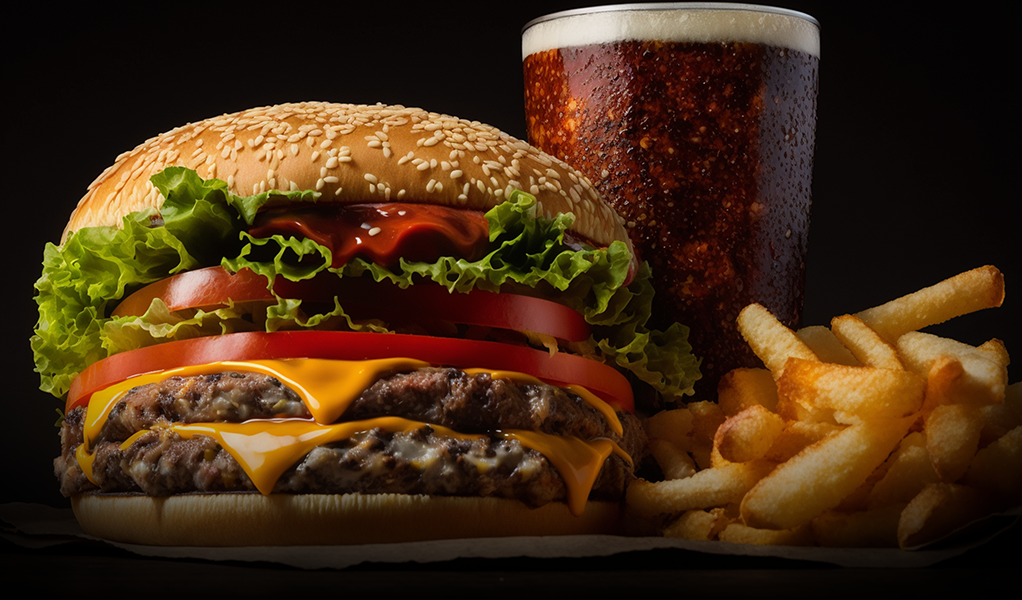 Double cheeseburger with lettuce, tomato, and fries, with a glass of cola.