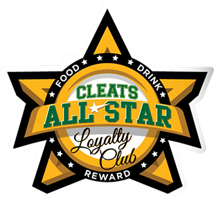 Cleats All-Star Loyalty Club logo in gold, black, and green, shaped like a star with text.