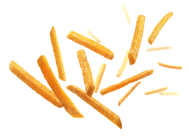 Golden french fries in mid-air against a white background.