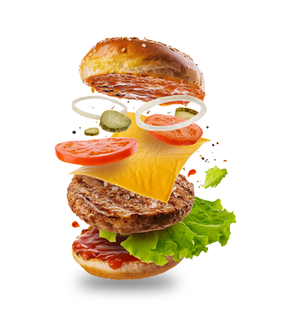 Deconstructed burger: bun, toppings, patty, cheese, lettuce, and bun, suspended in air.