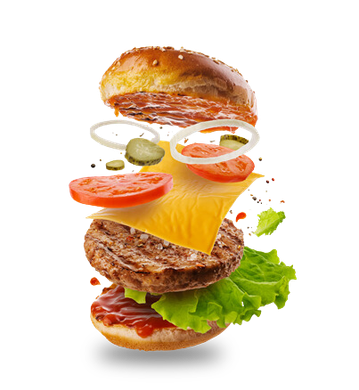Deconstructed burger: bun, toppings, patty, cheese, lettuce, and bun, suspended in air.