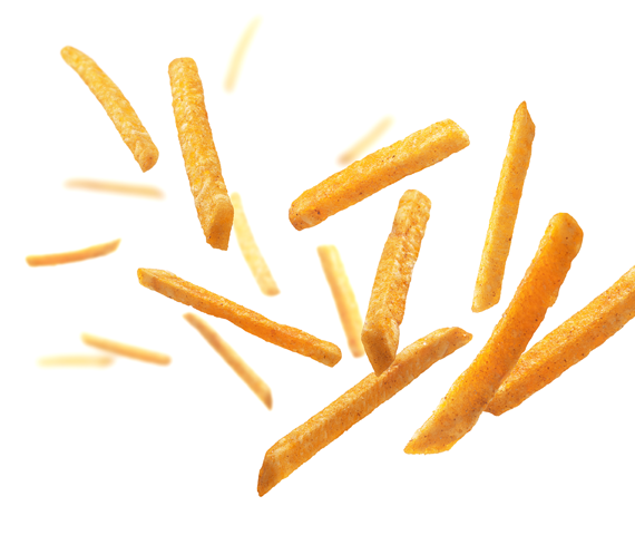 Golden French fries floating against a white background.
