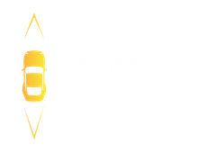 Yellow car driving up a road with two yellow triangles above and below.