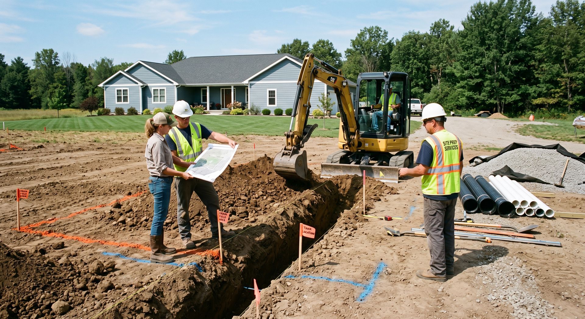 Construction workers surveying an excavation site beside a backhoe in a residential neighborhood