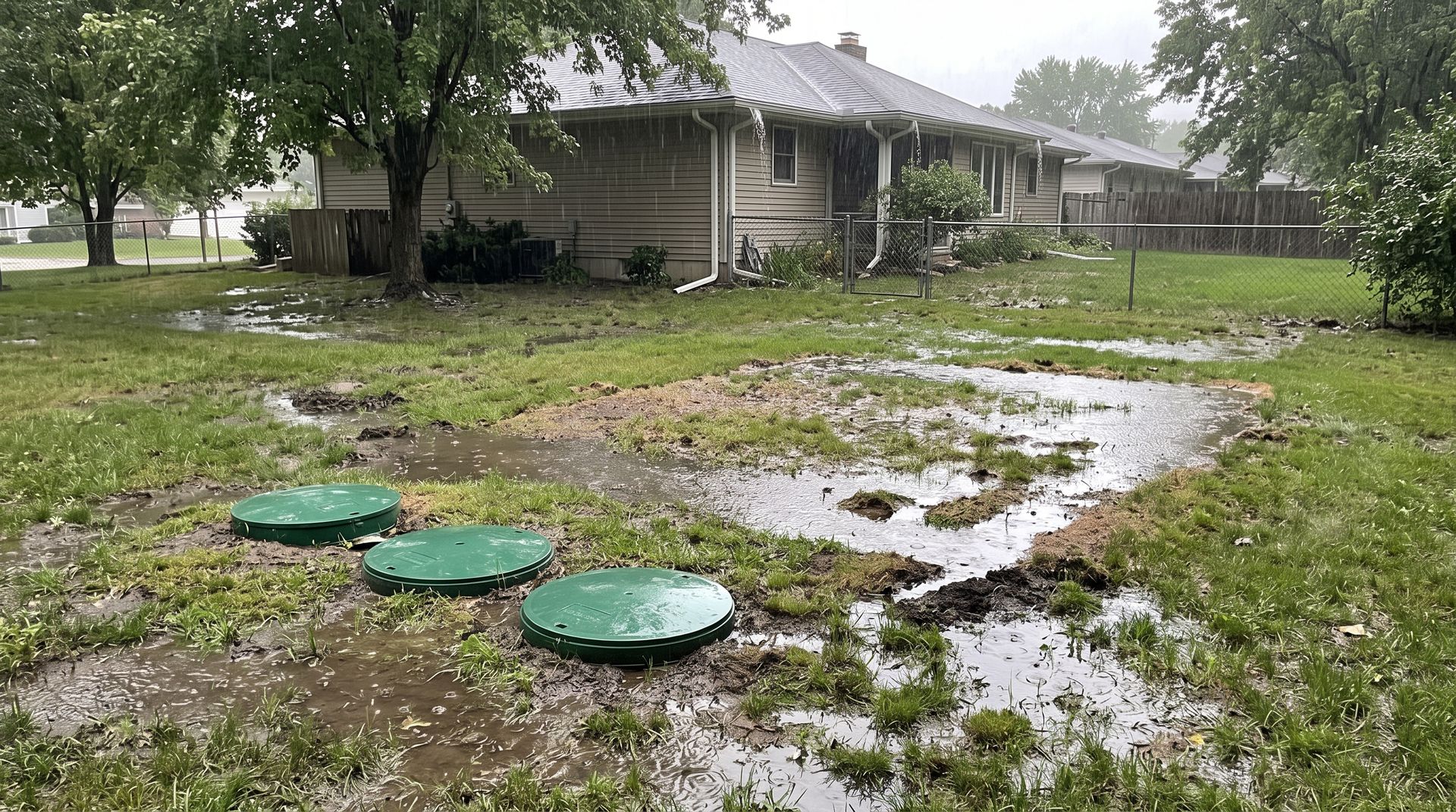 Rain-soaked yard with puddles, green lids in the grass, and a single-story house under gray skies