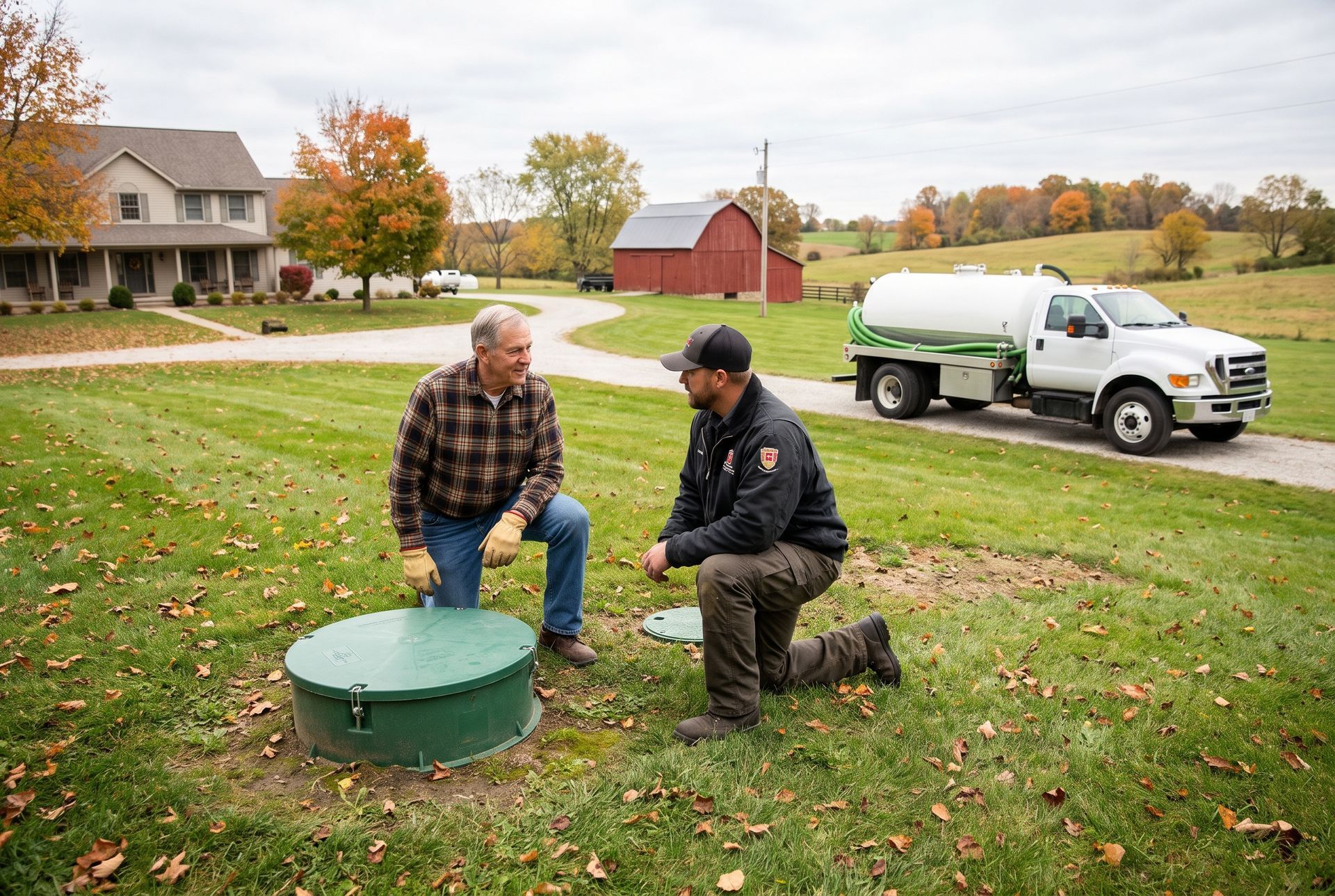Two workers kneel by a green utility cover in a grassy yard near a white truck and farmhouse.