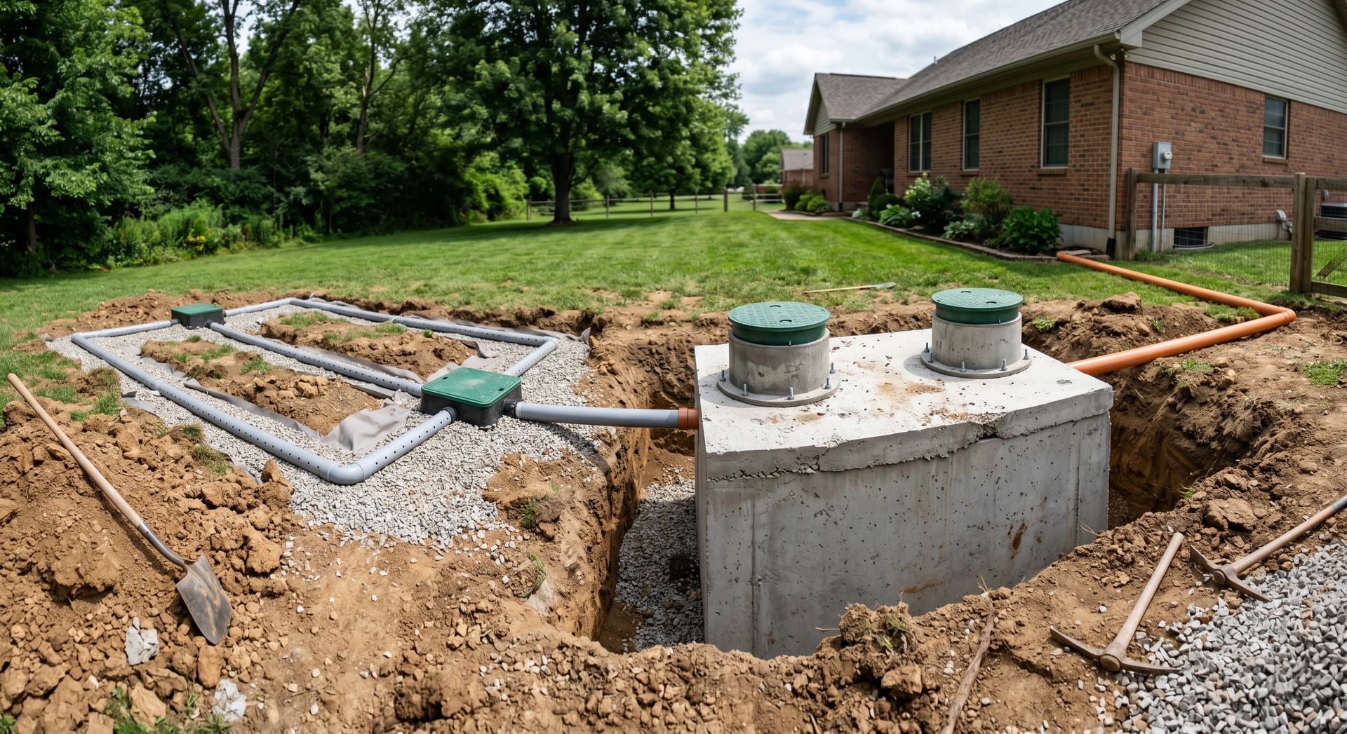 Backyard septic tank installation with exposed concrete tank and PVC pipes beside a brick house