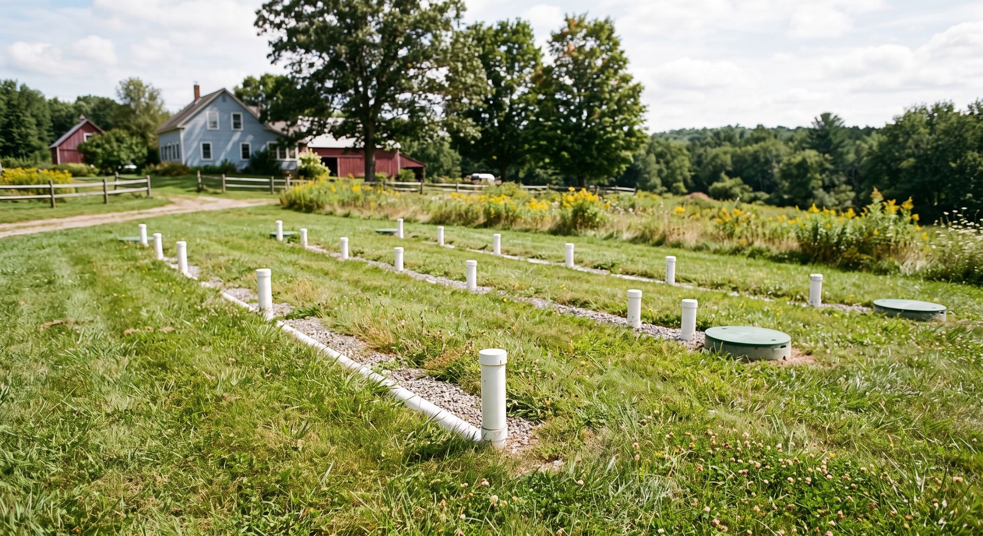 Grassy memorial plot with white markers and plaques in a rural cemetery near houses and trees
