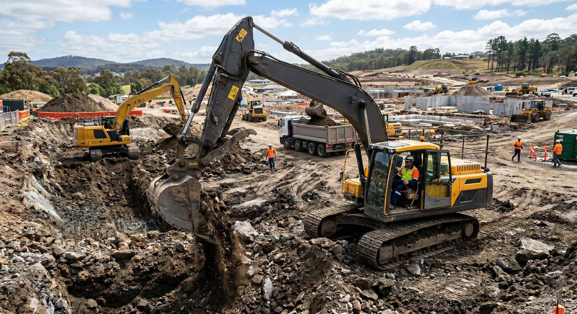 Two yellow excavators work in a large, rocky construction site under a bright, cloudy sky.