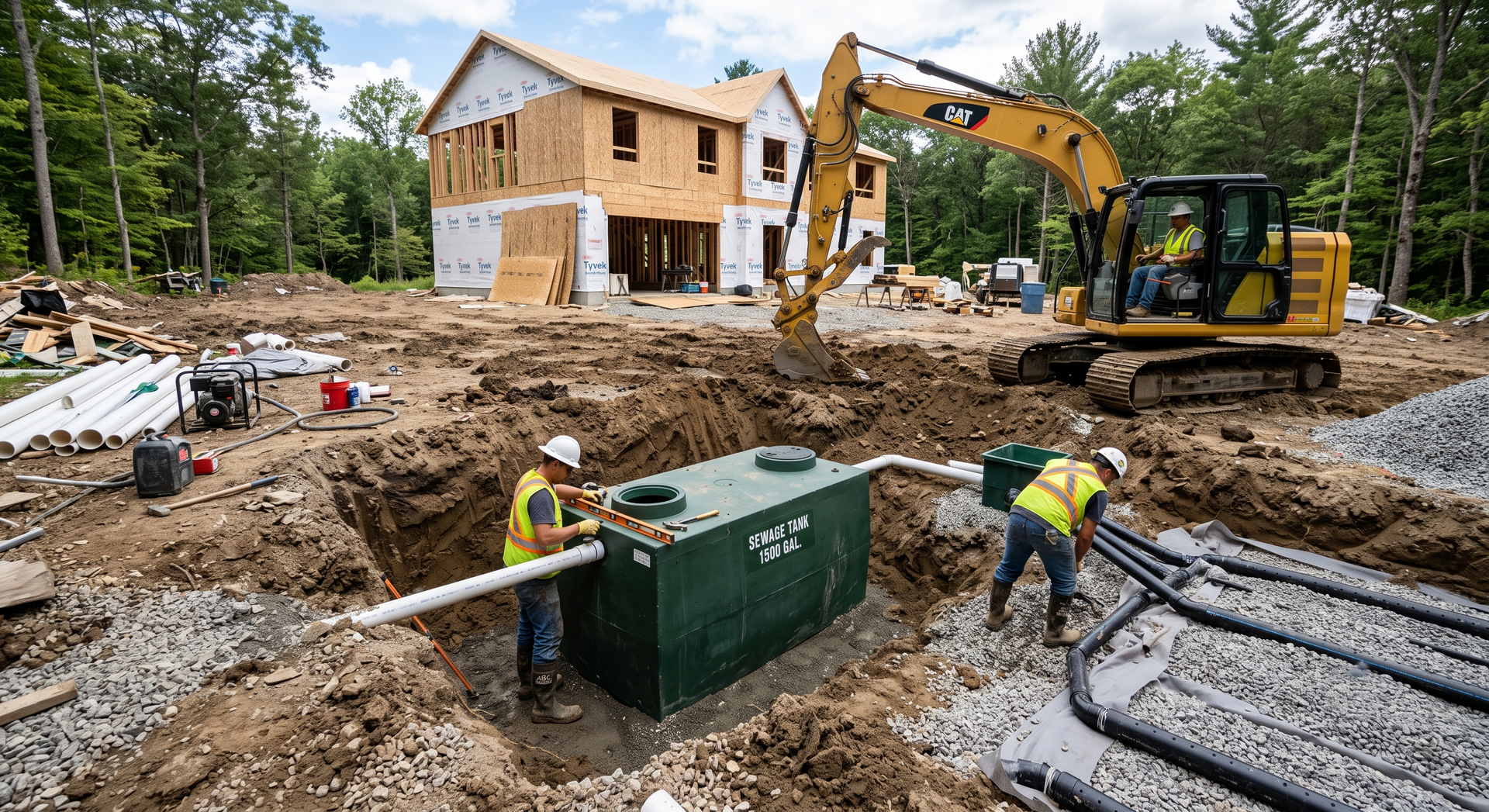 Construction workers installing utility lines at a house foundation beside an excavator and green tank.
