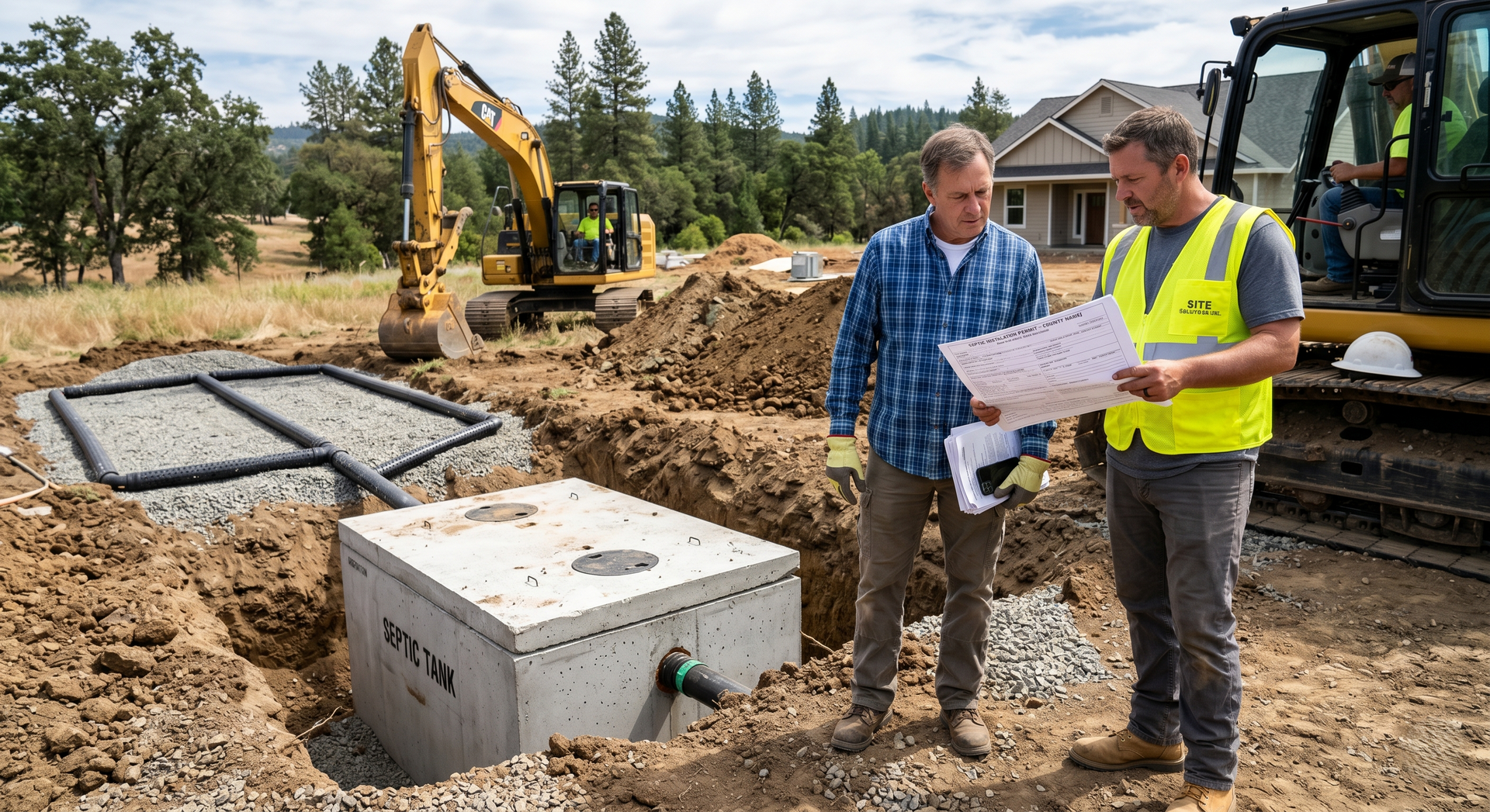 Two workers review a map at a construction site with excavator and concrete forms nearby.